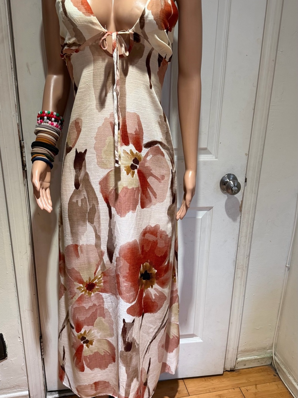 Tied V-Neck Floral Maxi Dress in Rust & Cream